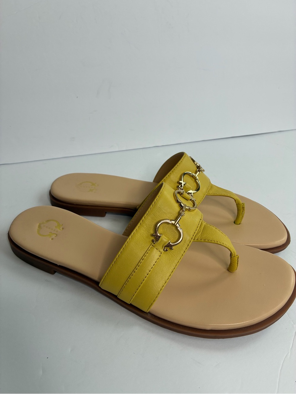 Annabelle Yellow Thong Slide Sandals with Gold Chain Accents